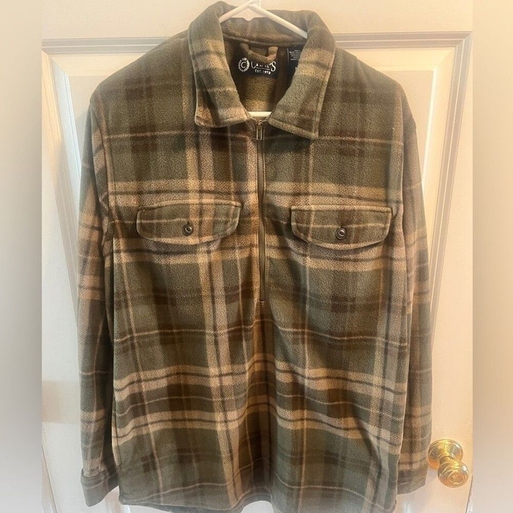 Ralph Lauren Chaps Men’s Sz M Sage Green and Tan Plaid Polar Fleece Zip Up